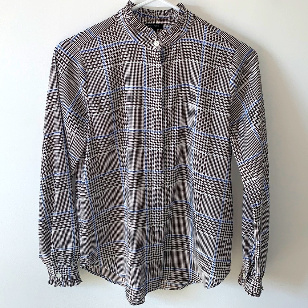 Ann Taylor XXSP Glen Plaid Brown Blue and White Button Up Blouse Ruffled Trim
